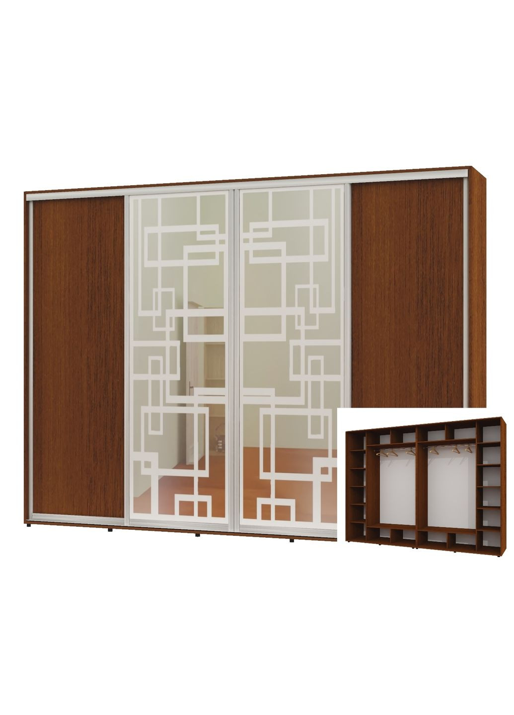 Шафа-купе чотиридверна 300*60*220 Горіх лісовий 2 ДСП/2 Дзеркала з піскострумним малюнком Алекса (360436493)