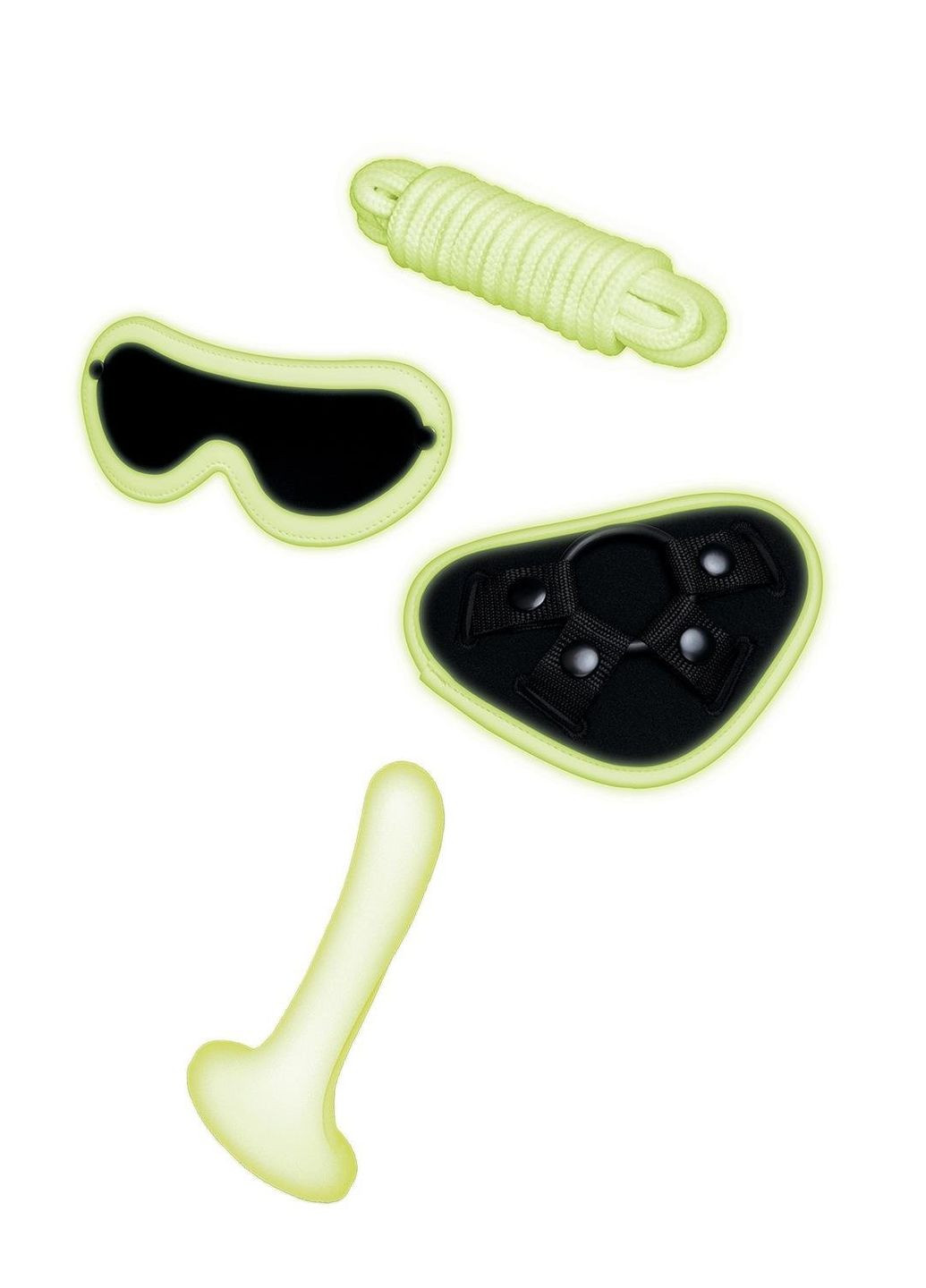 Набор БДСМ Glow In The Dark страпон, маска на глаза, веревка, флуоресцентные Whipsmart (327873501)