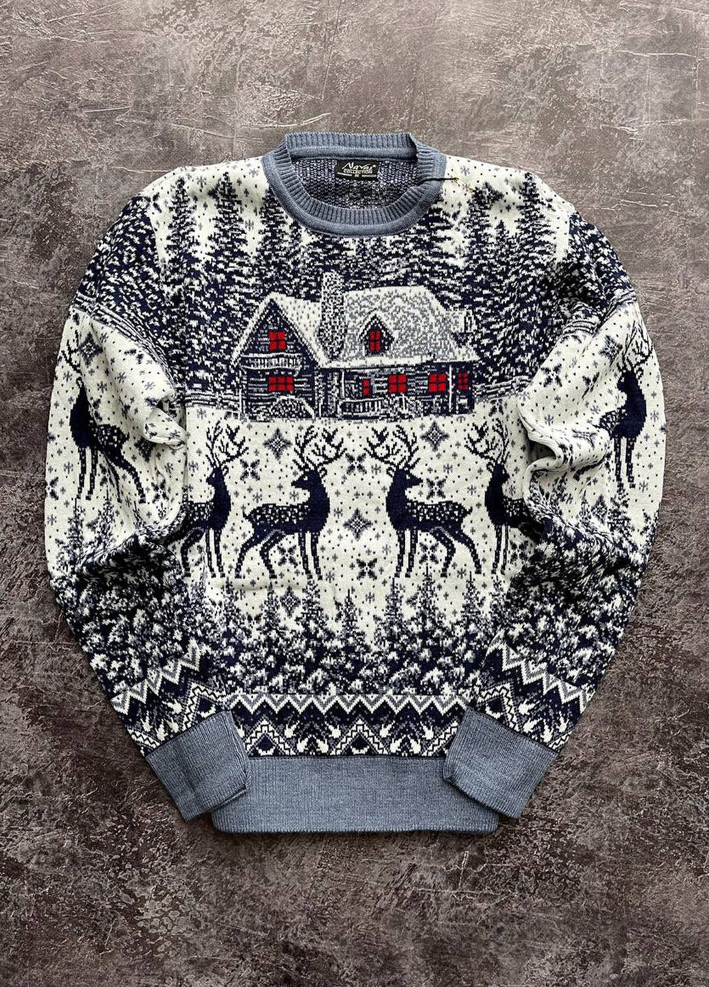 Синій зимовий чоловічий новорічний светр з оленями "big house" білий, під шию джемпер No Brand
