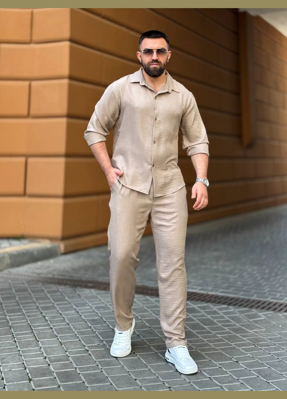 Бежевый костюм жатый лен турция брюки и рубашка No Brand