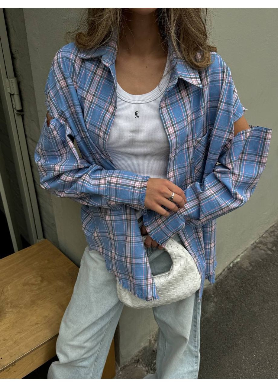 Голубой кэжуал рубашка в клетку Україна с длинным рукавом