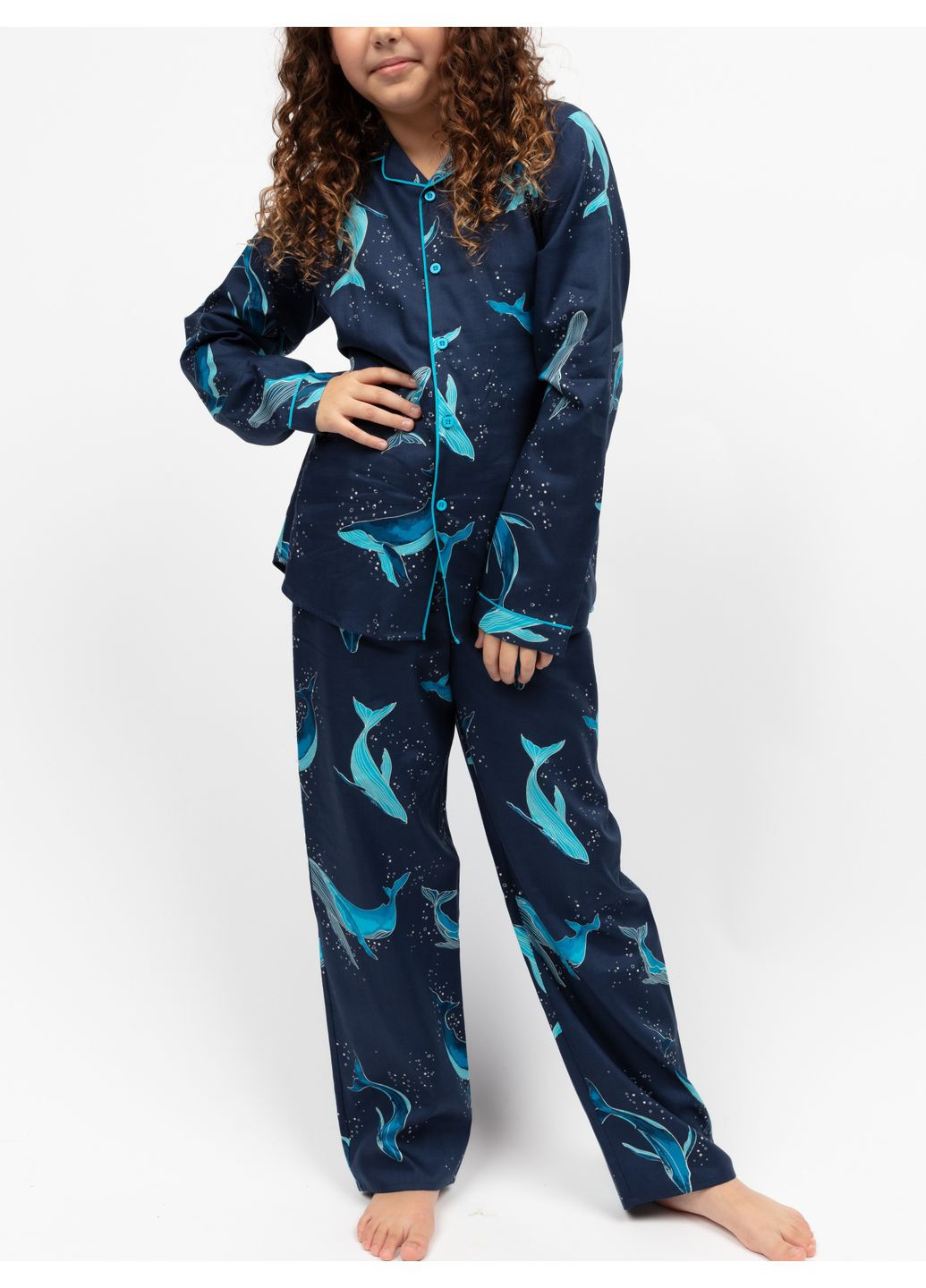 Темно-синя всесезон піжама дитяча унісекс 3164nay синій з принтом кита сорочка + брюки Cyberjammies Marina