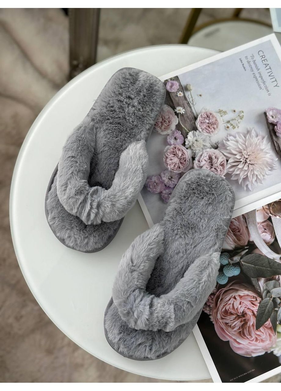 Серые тапочки женские серые меховые с бантом / домашние пушистые тапки серого цвета / мягкие теплые женские тапочки с бантом серые No Brand