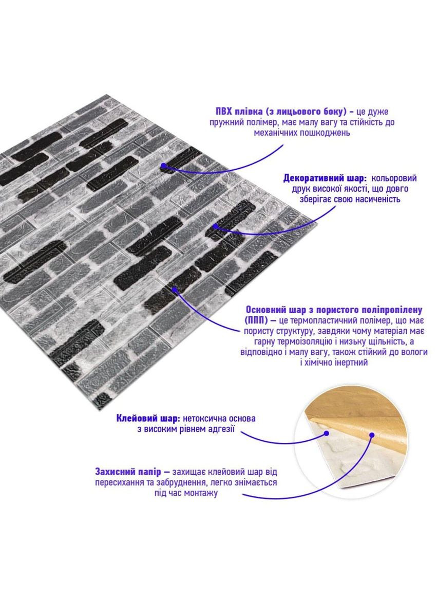 Самоклеюча 3D панель під сіру цеглу катеринослав 700х770х3мм (342-3) SW-00001147 Sticker Wall (300242161)