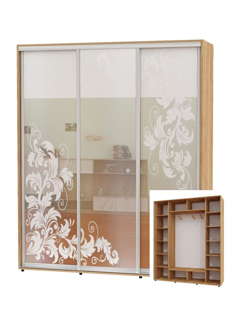 Шкаф-купе трехдверный 200*60*230 Дуб крафт золотой Зеркало с пескоструйным рисунком ШК-05 Алекса (360444369)