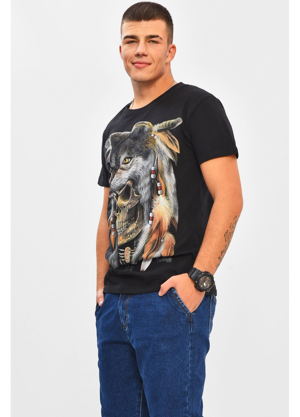 Чорна футболка чоловіча чорного кольору з принтом Let's Shop