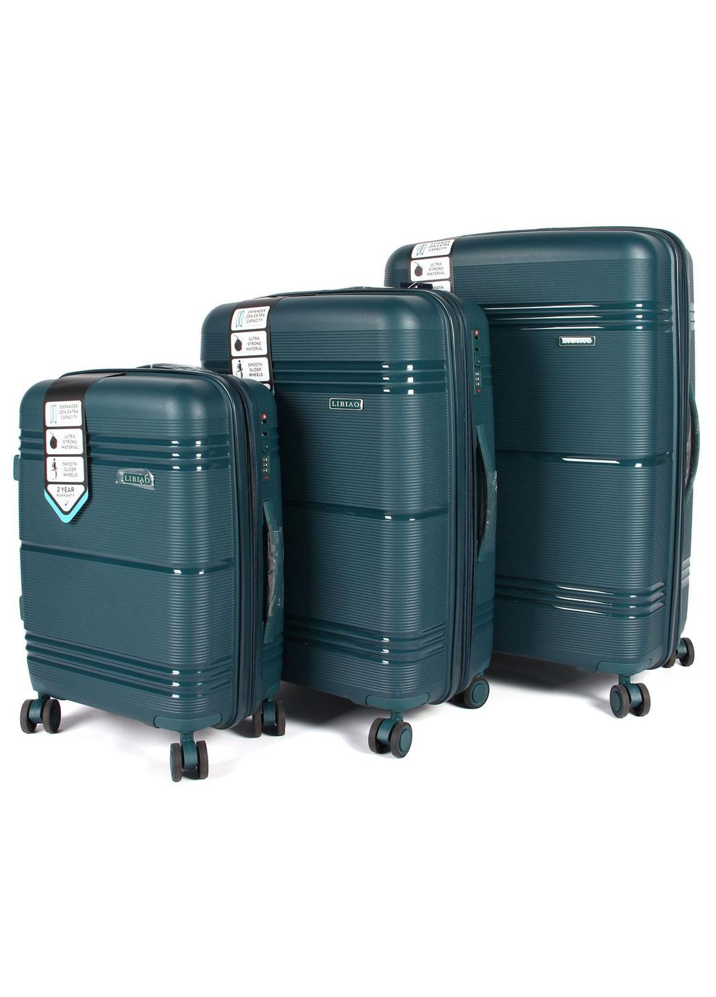 Комплект пластиковых чемоданов из трех штук P 807 D.Green (чемодан S -40л M -66л L -100л) зеленые Fashion (314808868)