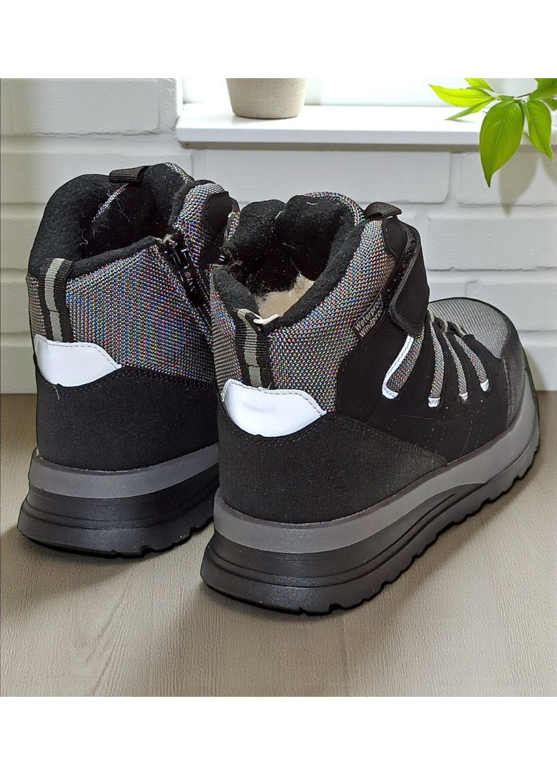 Серые подростковые зимние дутики на овчине для мальчика, термоботинки на овчине для мальчика, зимние ботинки для подростка Biki на липучке