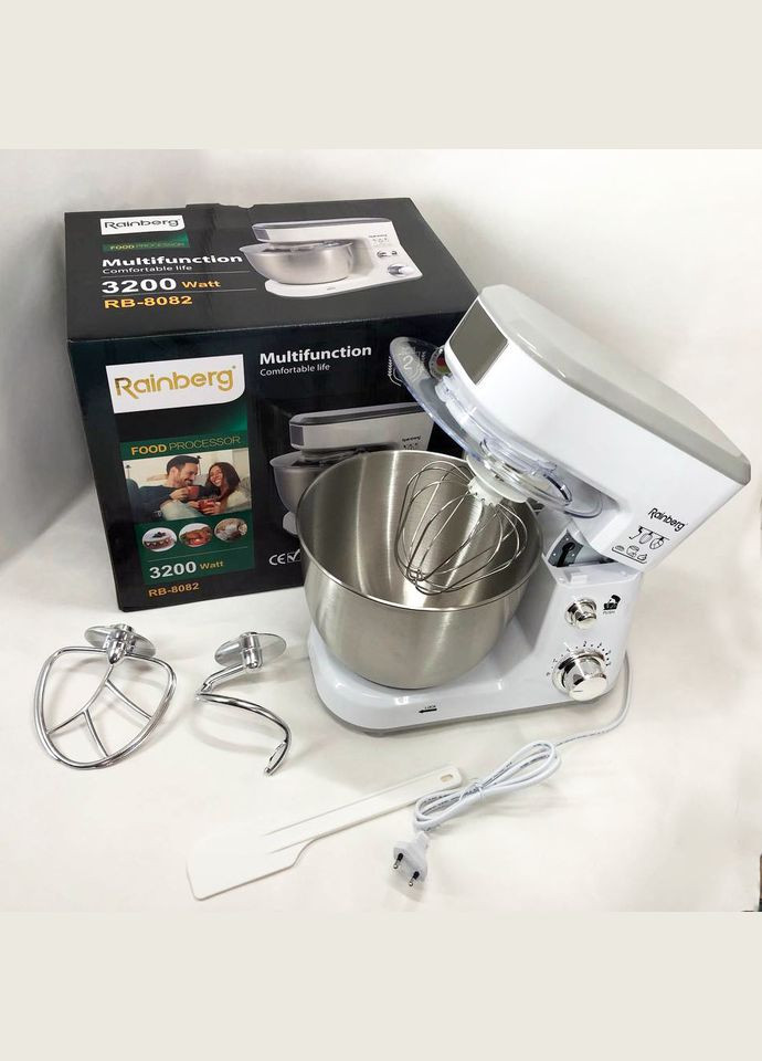 Кухонний комбайн RB-8082 3200 Вт, Планетарний міксер-тестоміс з чашею 5л, 3 насадки, 6 швидкостей Rainberg (364663972)