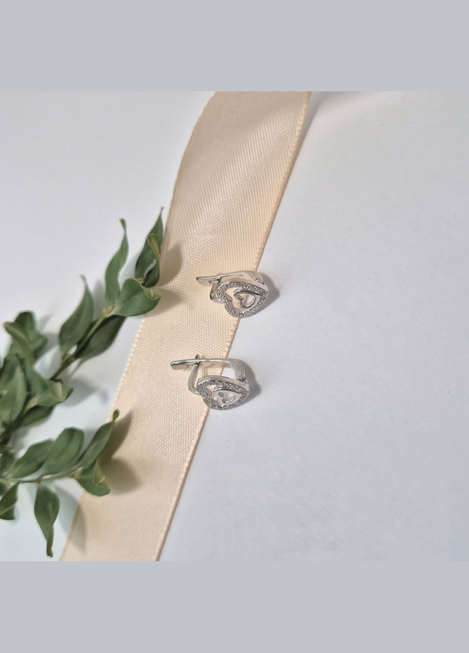 Срібні сережки Серце в Білих Каменях срібло 925 проби Родоване 2.70г 5212р No Brand (332996800)