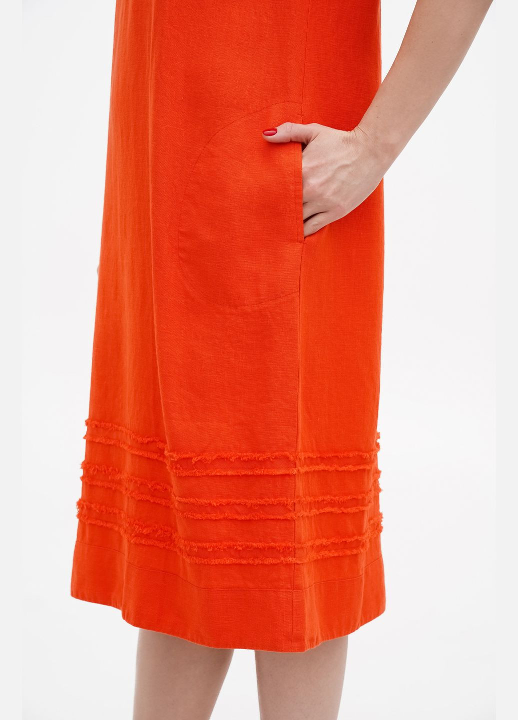 Помаранчева лляна міді сукня великих розмірів з коротким рукавом (plus size) варна., р., код 0330/56/1087 ГАЛЕРЕЯ ЛЬОНУ