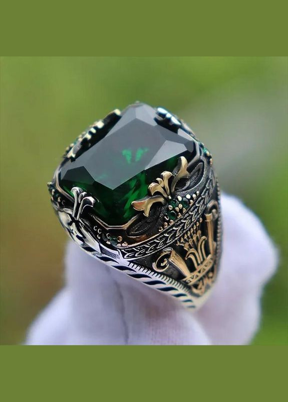 Турецкое мужское кольцо печатка мужская падишах императора с зеленым камнем размер 18 Fashion Jewelry (290114046)