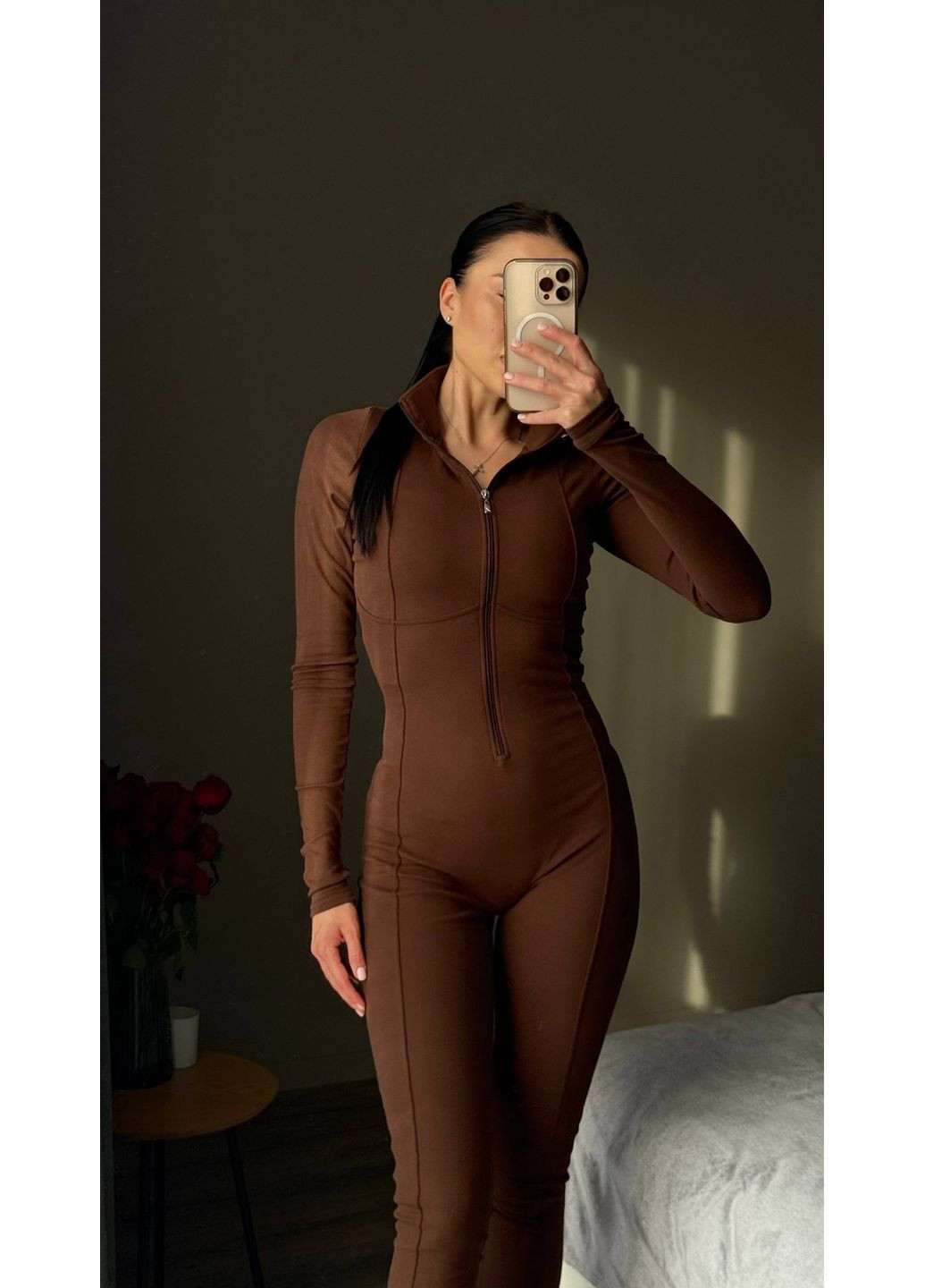 Комбинезон женский термо Style Point комбинезон-брюки однотонный коричневый повседневный, кэжуал