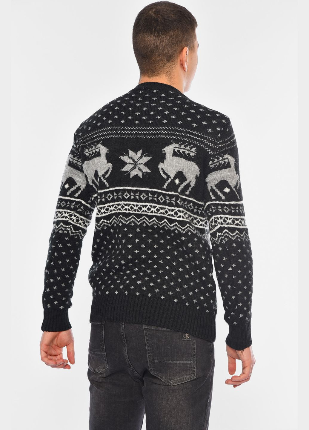 Черный зимний свитер мужской черного цвета с принтом пуловер Let's Shop