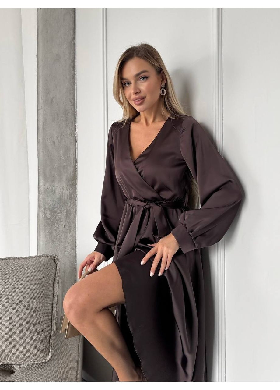 Коричнева ошатна сукня з шовку коричневого кольору 36149 кльош No Brand однотонна