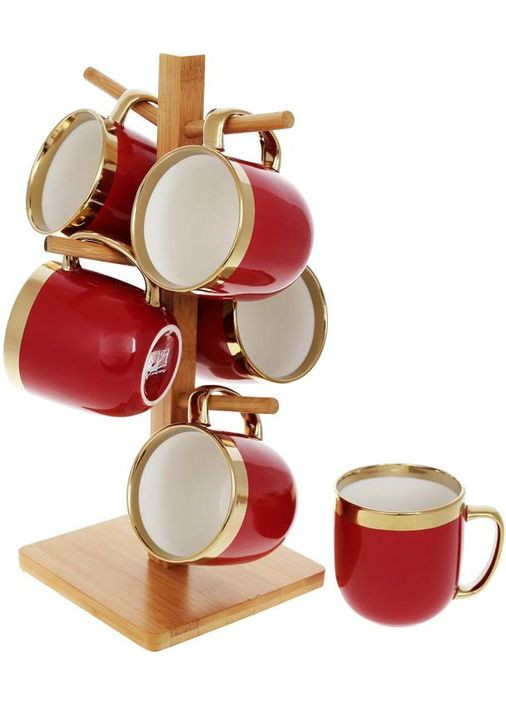 Чайный набор Золотая Линия 6 кружек 320мл бордо для чая и кофе подставка из бамбука для сервировки Bona (368987340)