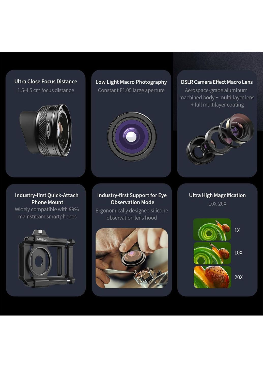 Макрообъектив ZoomMacro APL-ZM100 10x–20x для смартфонов черный Apexel (361879725)