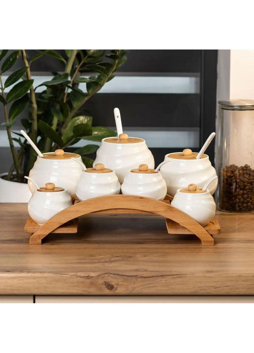 Банки для сыпучих продуктов 7 штук по 200 мл и 500 мл на бамбуковой подставке HP1231 Yiwu (368767053)