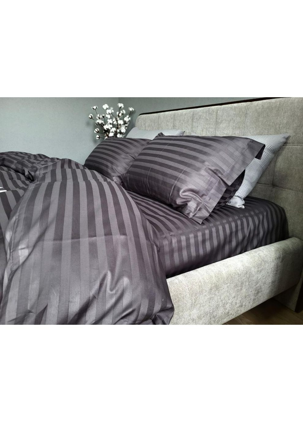 Постельное белье с резинкой ROYAL GRAY, сатин страйп PREMIUM 2/2см Полуторный размер, наволочки 70/70 No Brand (364220786)