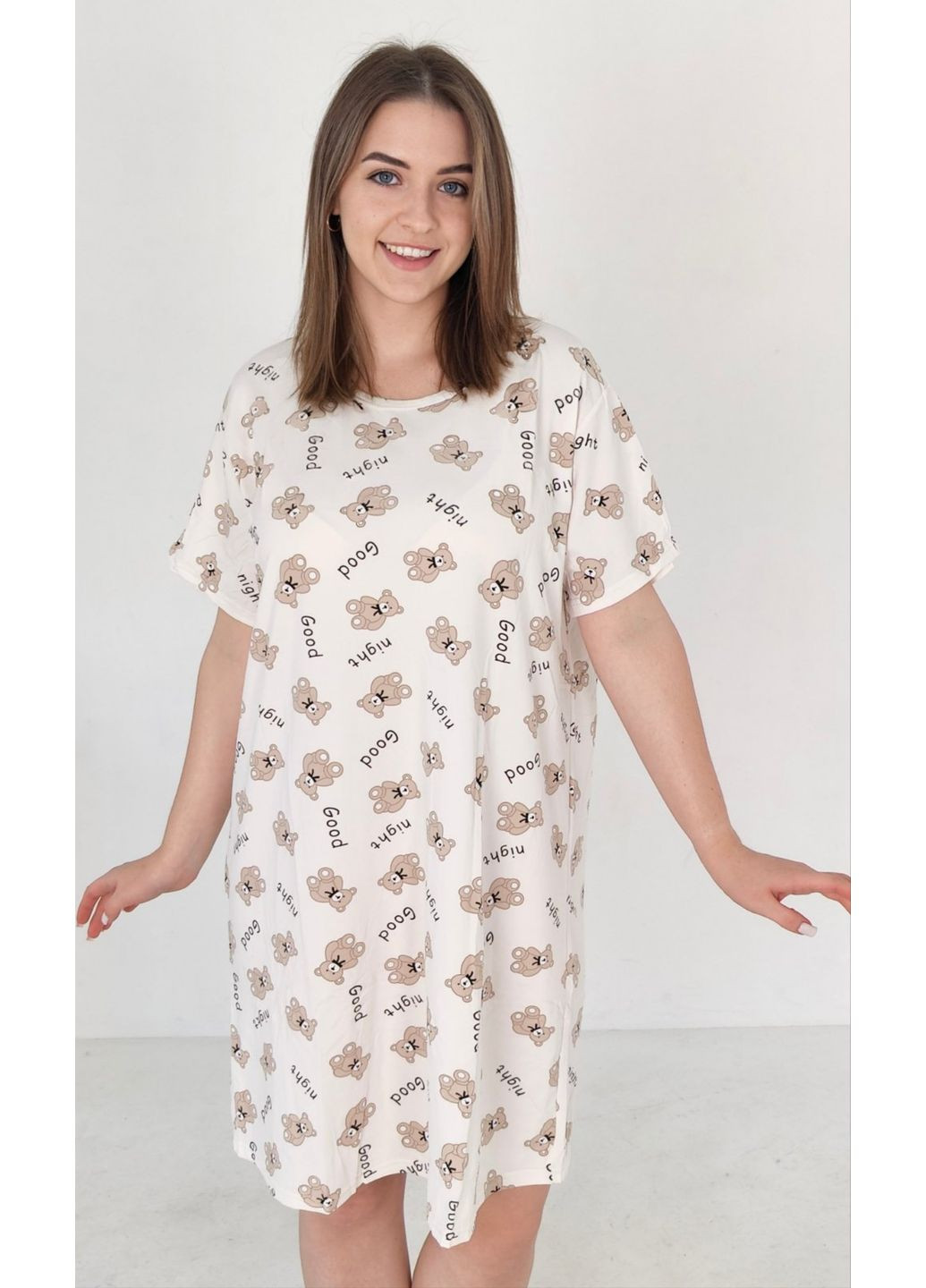 Женская домашняя туника-платье бамбуковая белого цвета с сердечками Saimeiqi (367262143)