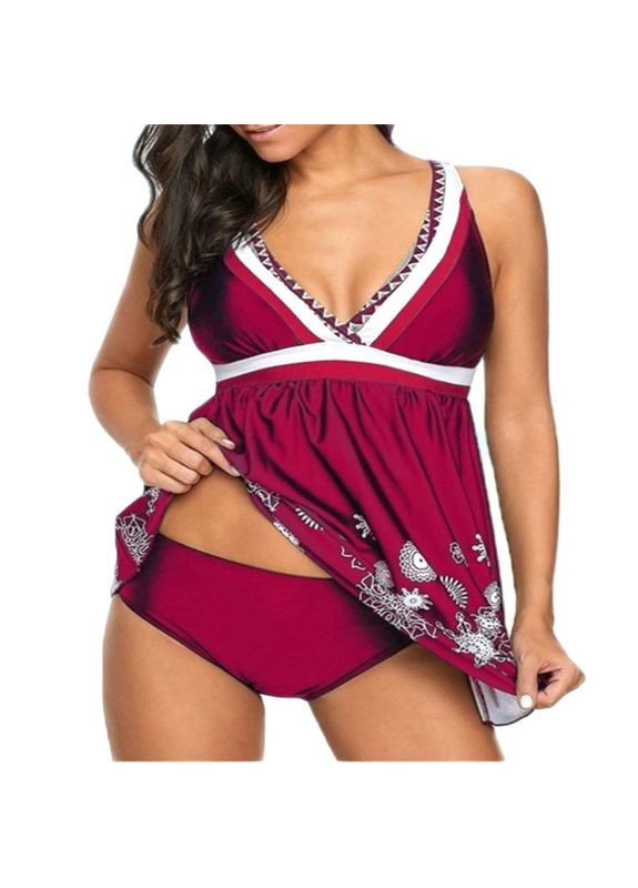 Бордовый летний купальник-платье женское раздельное танкини большой размер бордовый с белым принтом. танкини, купальник-платье No Brand 1455