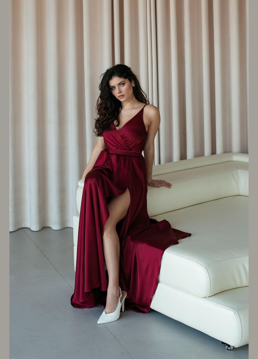 Бордовое вечернее платье а-силуэт, на запах JadFashion однотонное