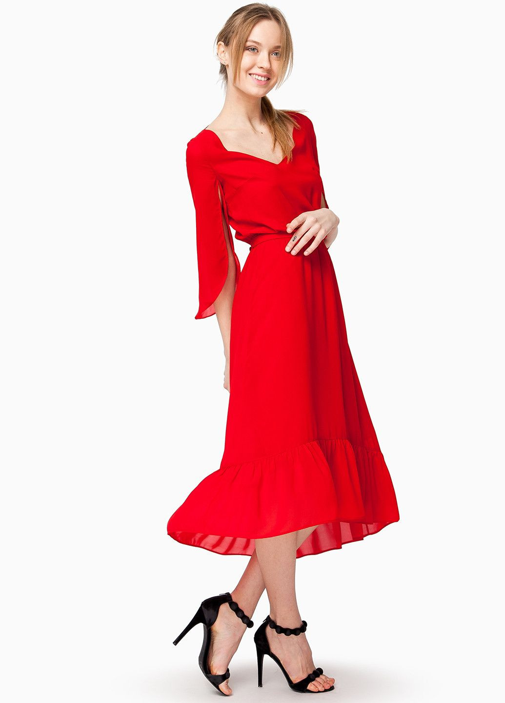 Яскраво-червона повсякденний, коктейльна сукня з червоного невагомого шифону з спідницею-сонце Nai Lu-na by Anastasiia Ivanova однотонна