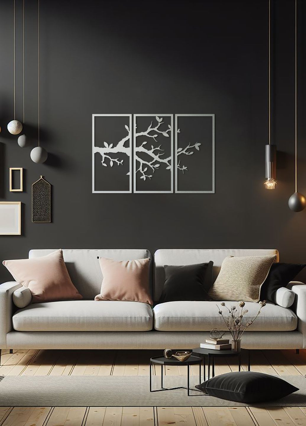 Дерев'яна картина на стіну, декор для кімнати "Гілка вишні модульна картина", стиль лофт 95х145 см Woodyard (292113299)
