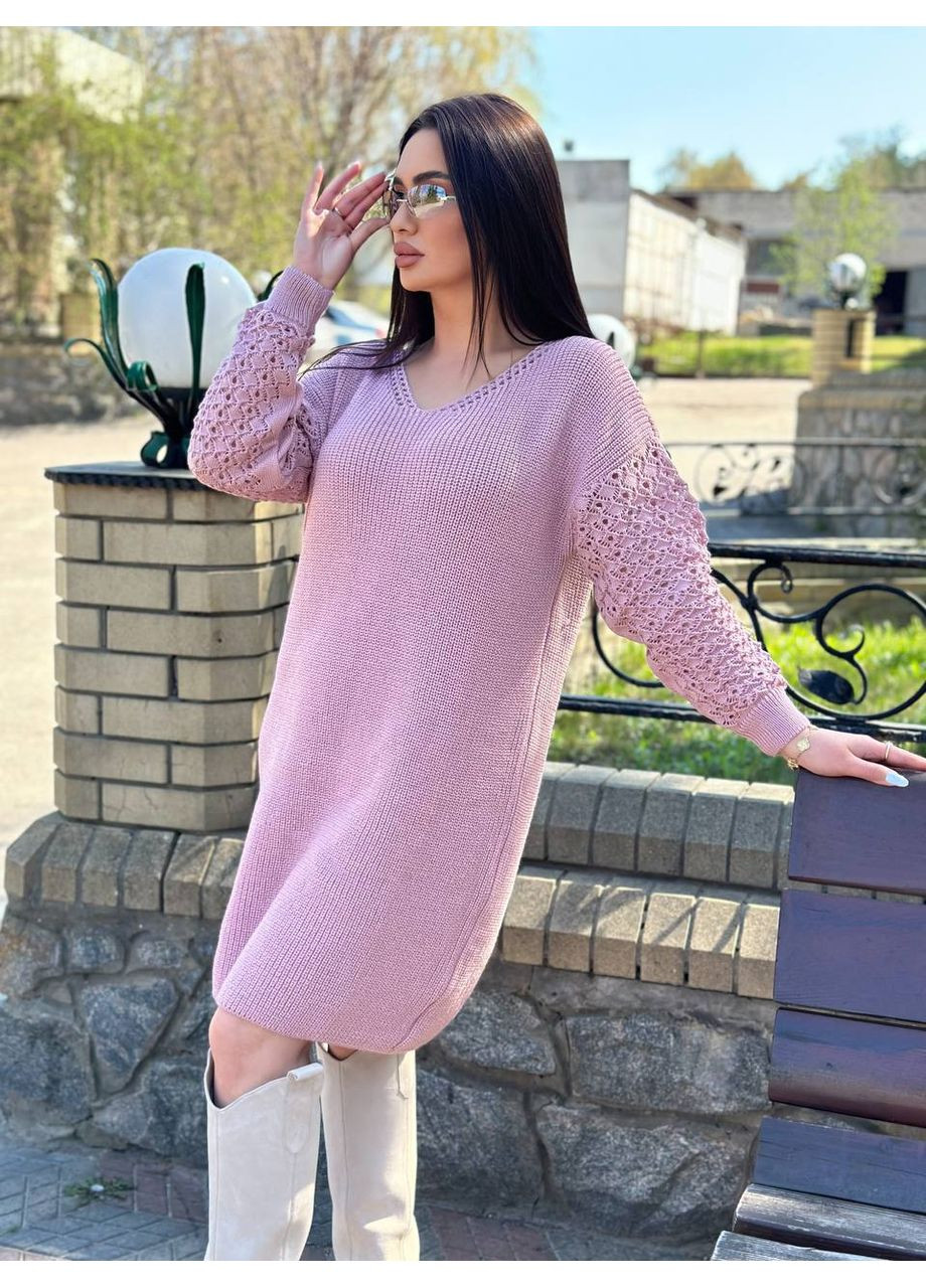 Рожева жіноча тепла шерстяна вязана сукня ася з вирізом та узорами на рукавах рожева You Best