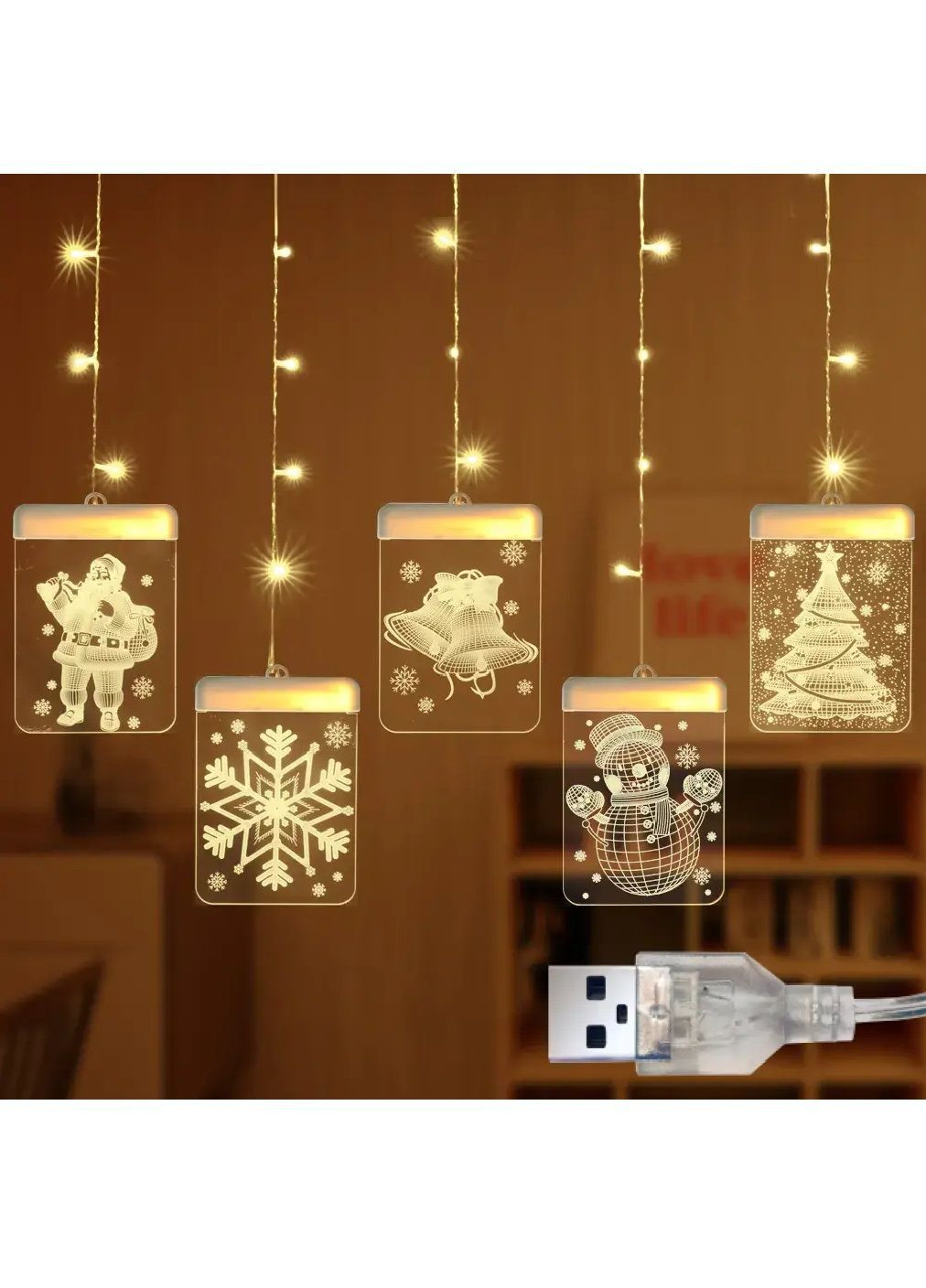 Гірлянда штора з 3D фігурками світлодіодна новорічна святкова з роботою від USB 2,5 м (482120-Prob) Тепла біла Unbranded (370688115)