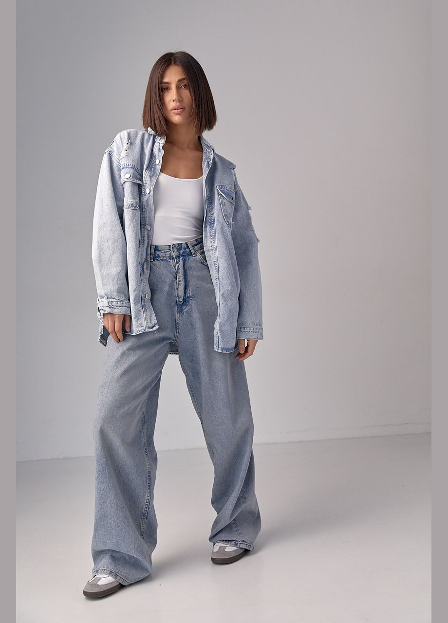 Синяя повседневный рубашка однотонная Liton с длинным рукавом