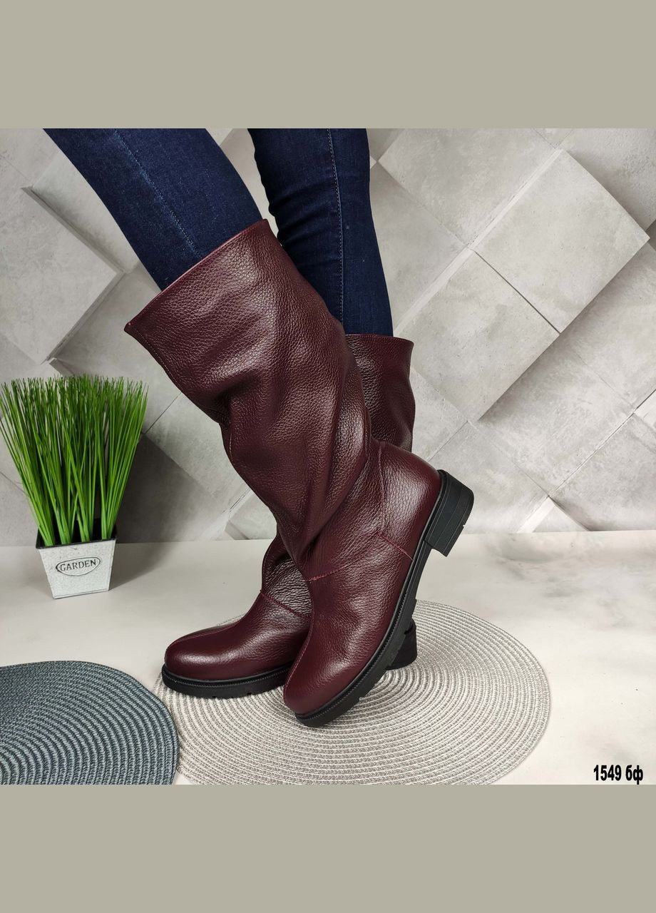 Комбіновані шкіряні чоботи демісезонні без блискавки бордового кольору No Brand