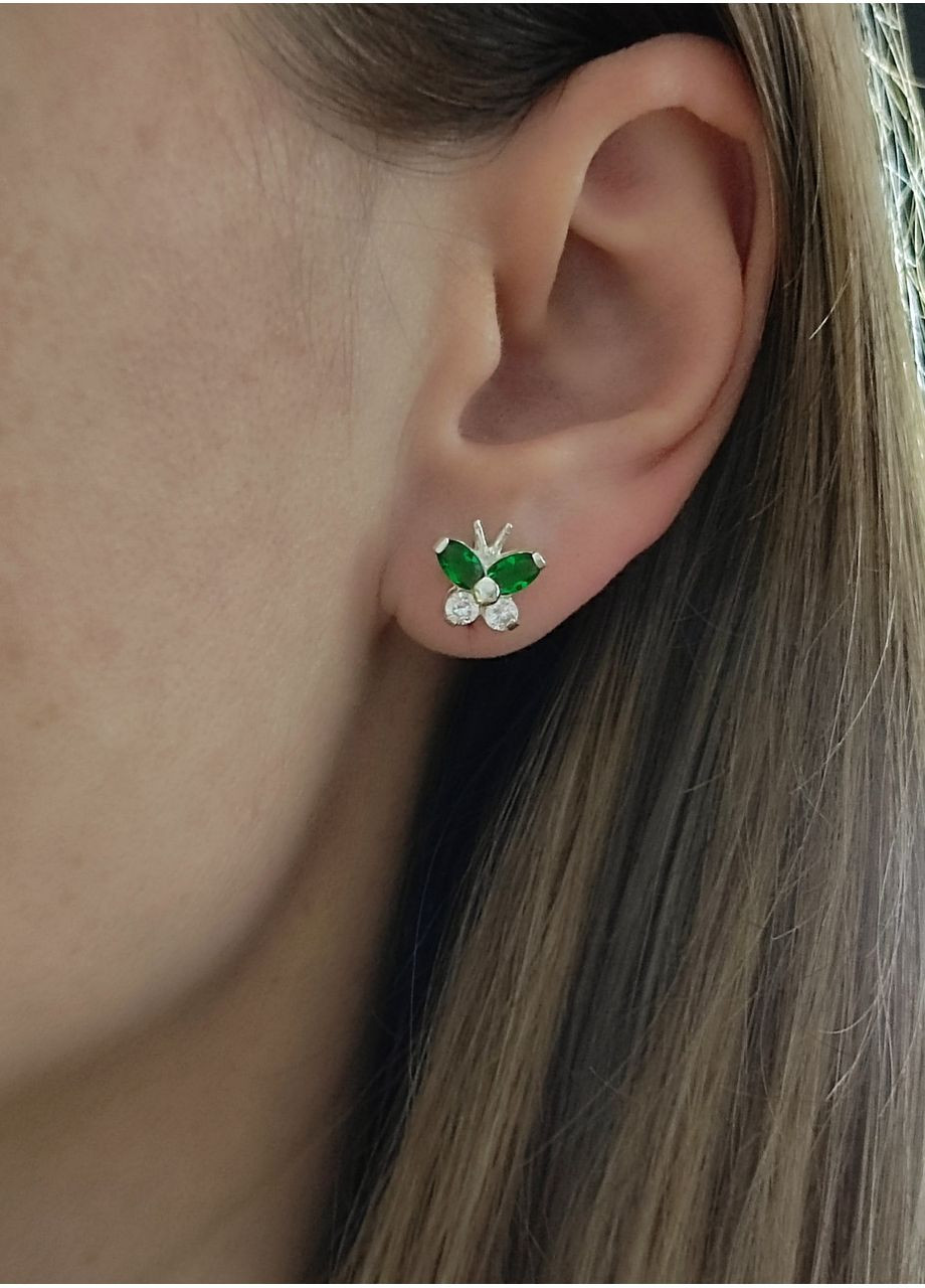 Серебряные серьги пусеты Бабочки с зелеными камушками детские серебро 925 пробы No Brand (367089329)