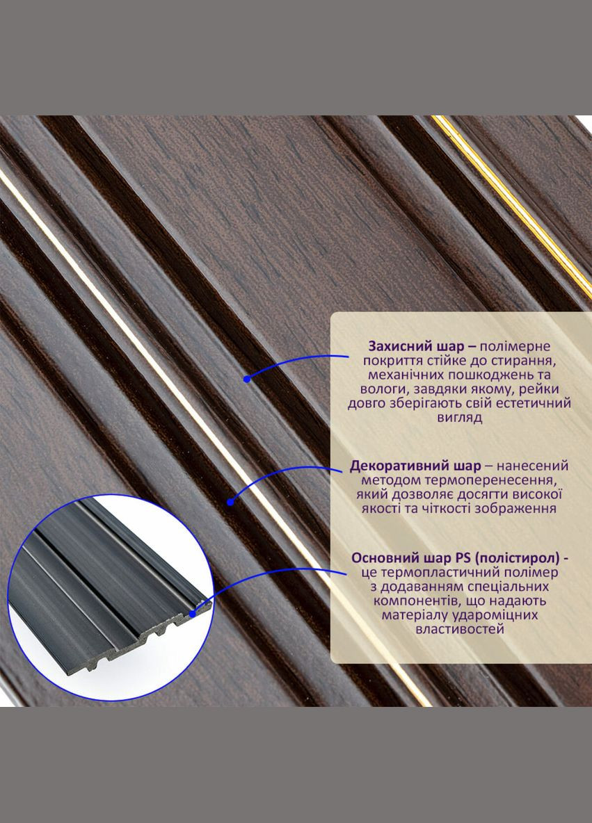 Рейка декоративная PS 2900х120х12мм Темный орех с золотом SW-00002131- Sticker Wall (315790990)