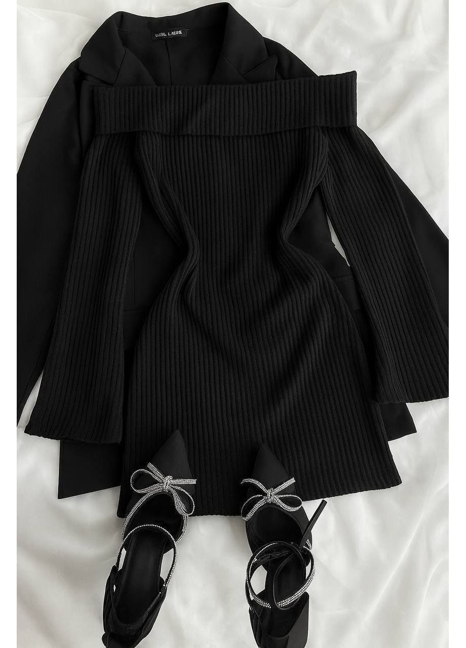 Чорна повсякденний, вечірня, ділова, кежуал жіноча сукня з відкритими плечима FINO Mode однотонна