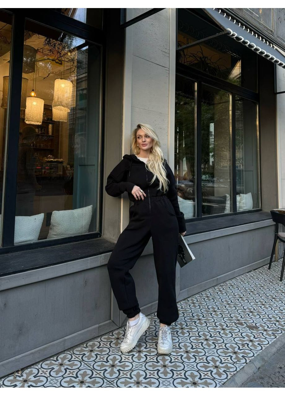 Женский стильный и практичный комбинезон. Україна комбинезон-брюки однотонный чёрный кэжуал трехнитка с начесом