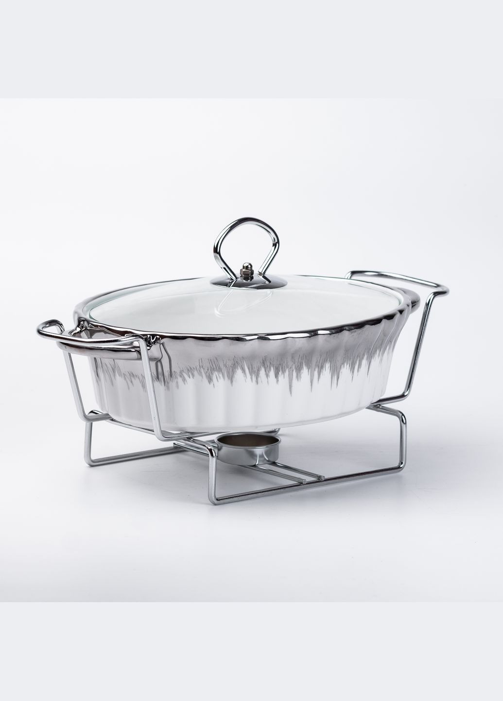 Мармітниця керамічна овальна 1 л зі скляною кришкою, хром Yiwu HP1022 (299337661)