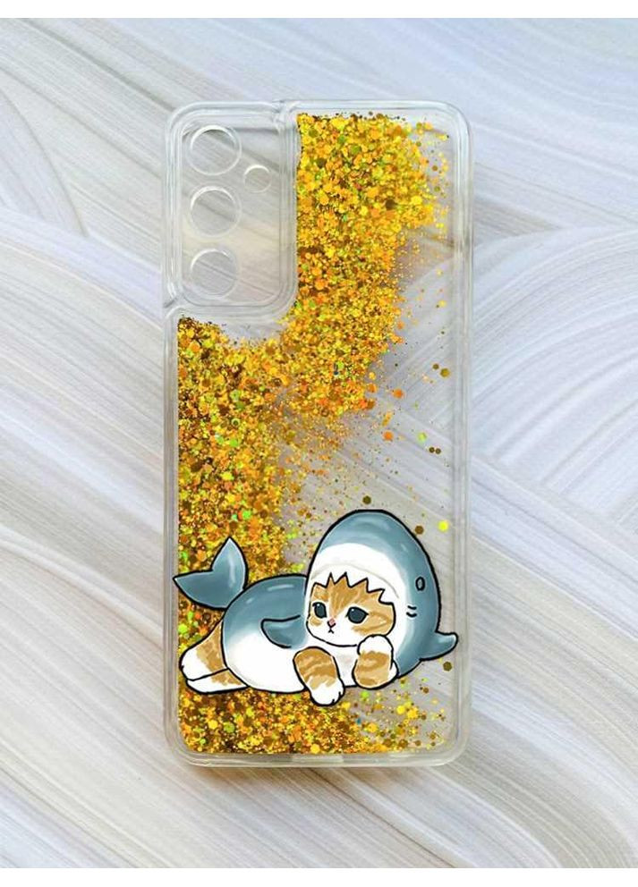 Чехол с плавающими блестками на Samsung Galaxy A34 5G (A346) Золотой:: Котик акула (принт 355) CASE CONTROL (360682409)
