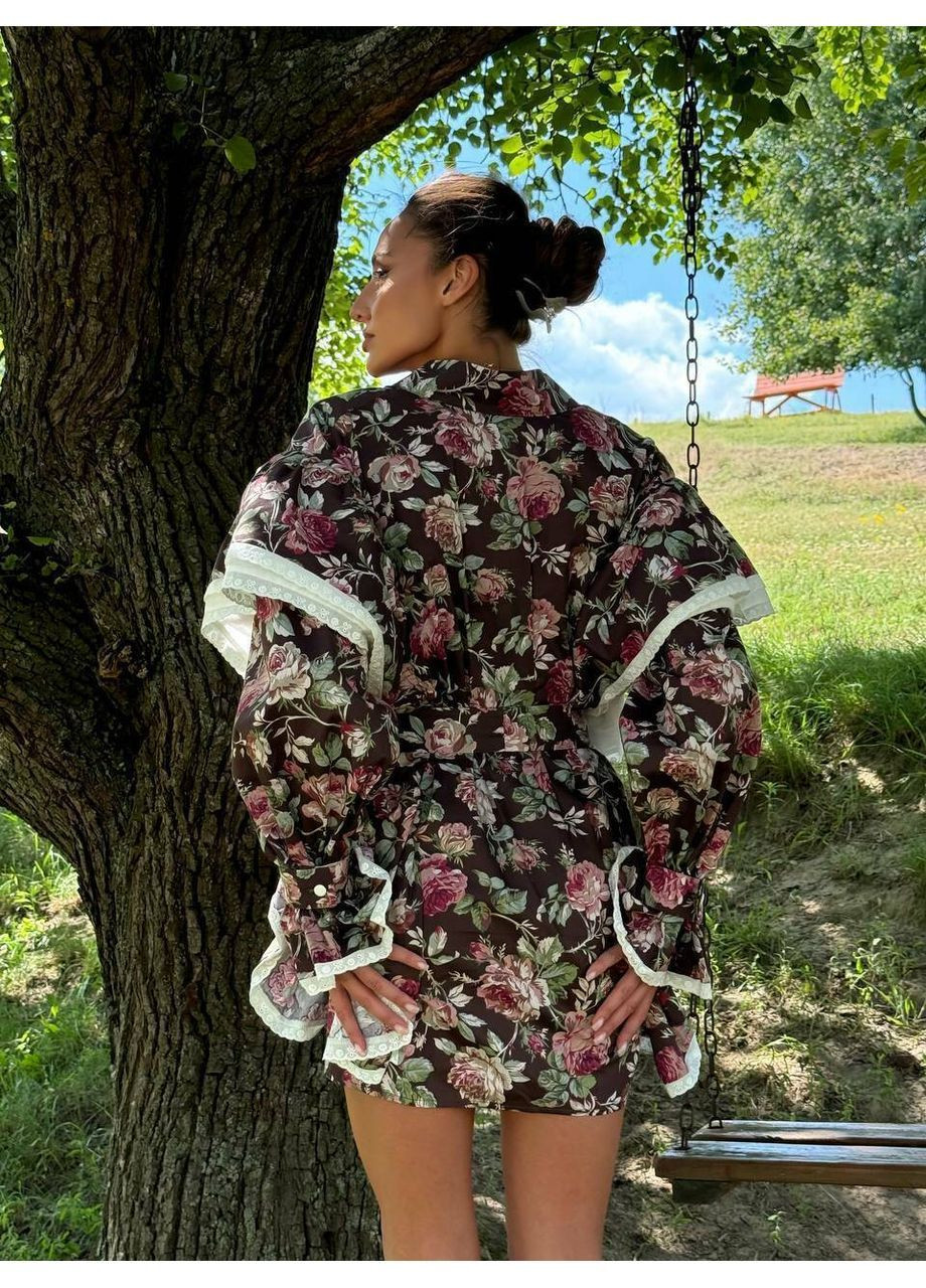 Коричневое платье boho цвет розы большие на шоколаде milirud