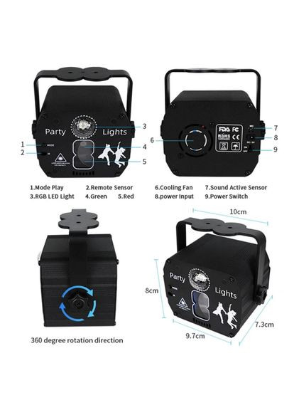 QR-425 LED RGB+Laser RG, з акумулятором 4000 мАг, cвітломузика з пультом, лазерний диско проектор 360° Energolux (315832182)