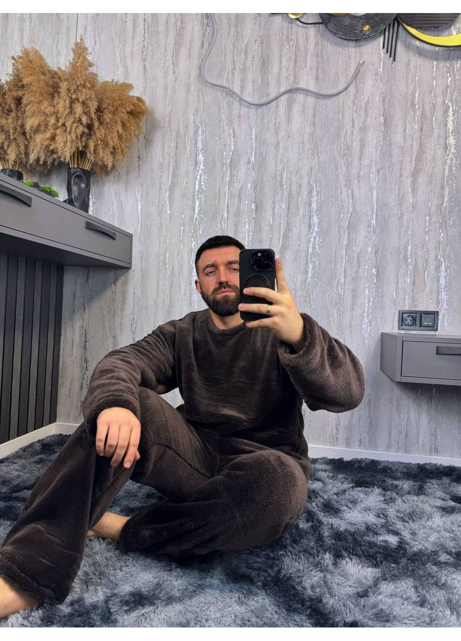 Коричневый зимний теплая и комфортная мужская пижама брючный No Brand