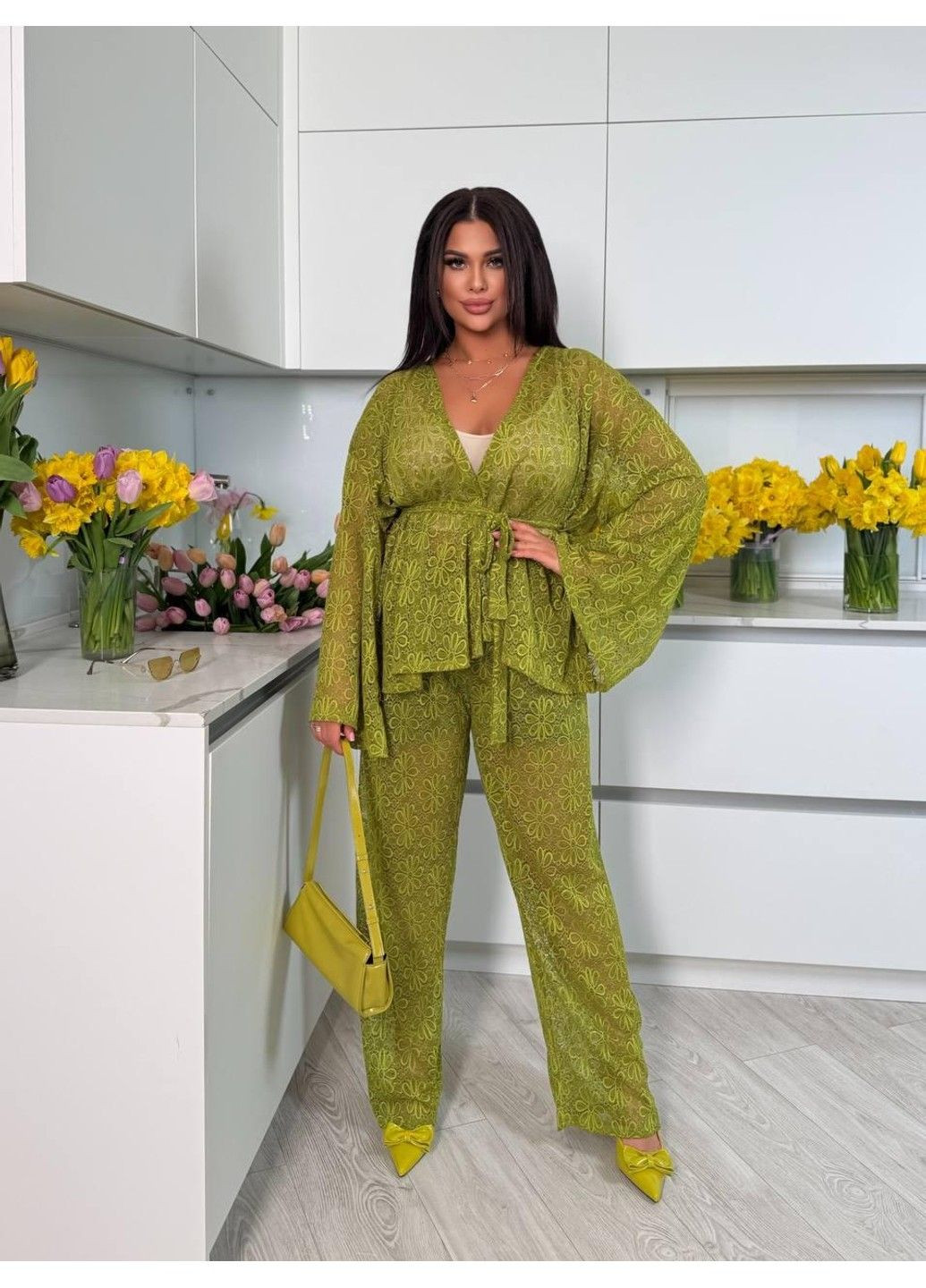 Брючный кружевной костюм двойка Арт: 7066.14, горчица, размер 64-72 No Brand (355469731)