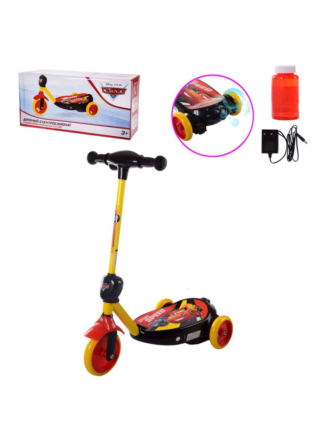 Электросамокат детский с мыльными пузырями 3-х колёсный Cars, колёса PU 110 мм Bambi (288136120)