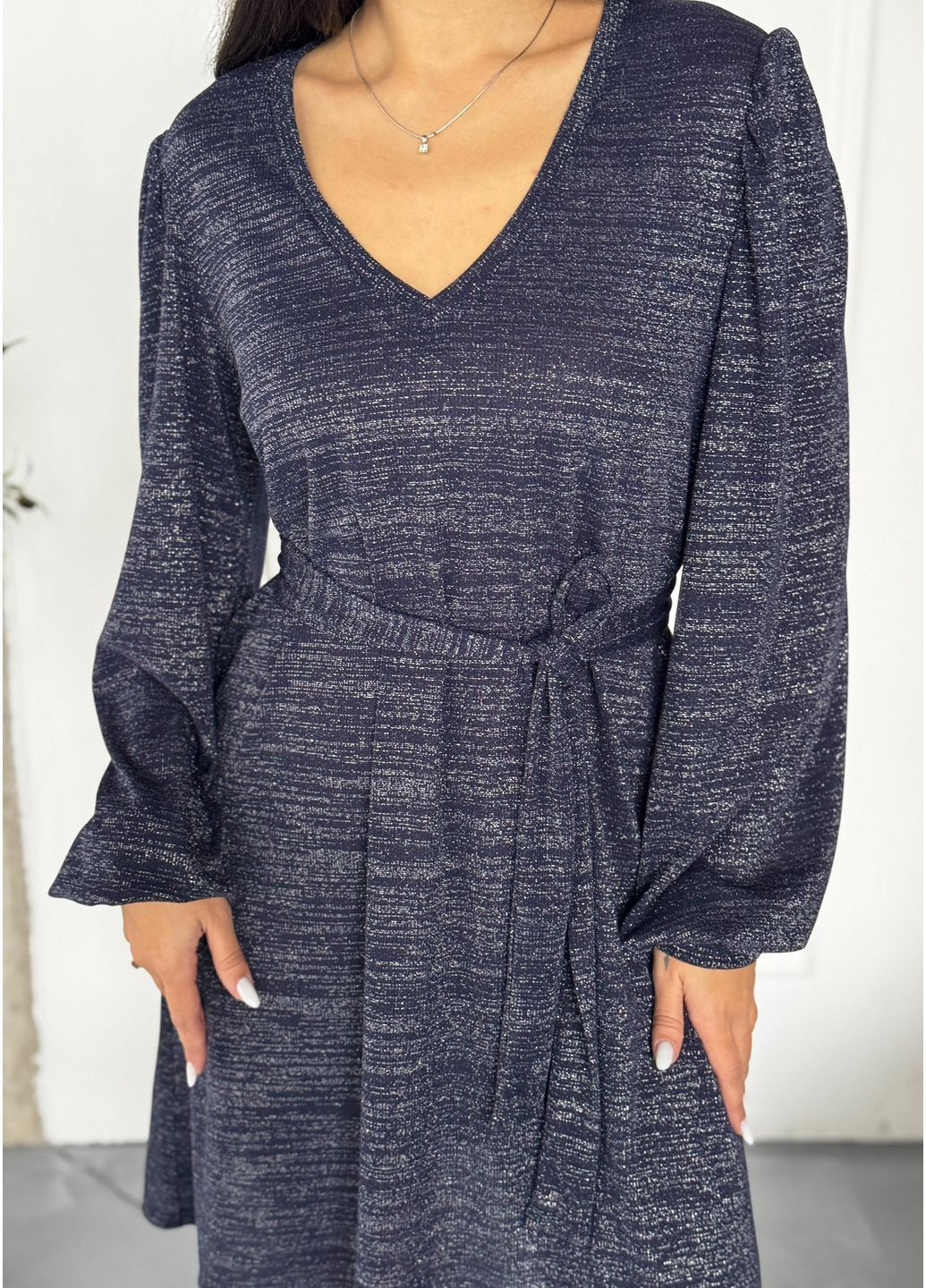 Темно-синее праздничный, повседневный, джинсовое, вечернее, кэжуал легкое стильное платье с люрексом а-силуэт INNOE меланжевое