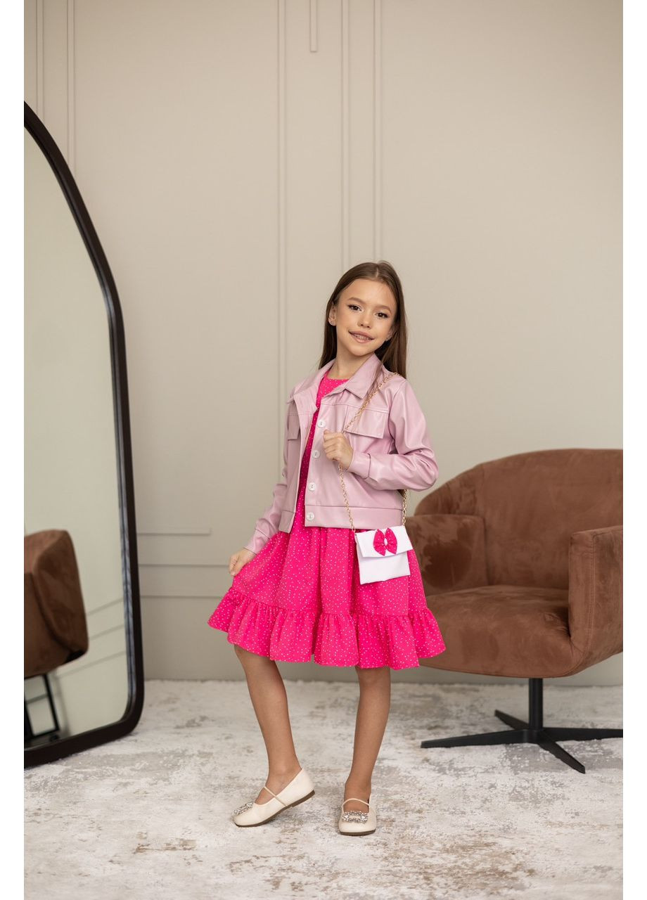 Малиновый демисезонный детский комплект весеннее платье в горох с сумочкой и жакет малиновый Kodi