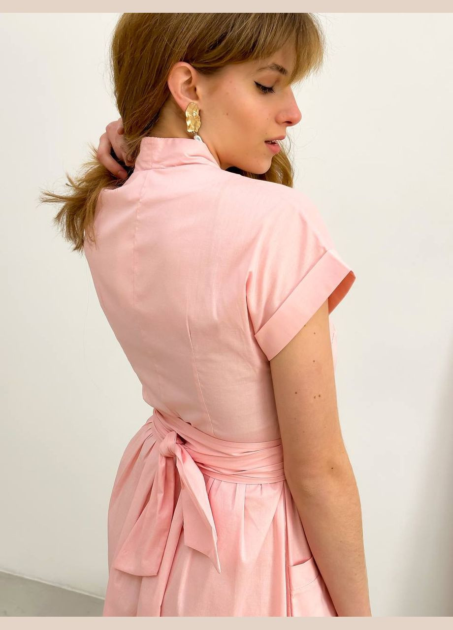 Пудрова святковий, кежуал, вечірня стильна сукня міді на запах з вільним низом Vakko однотонна