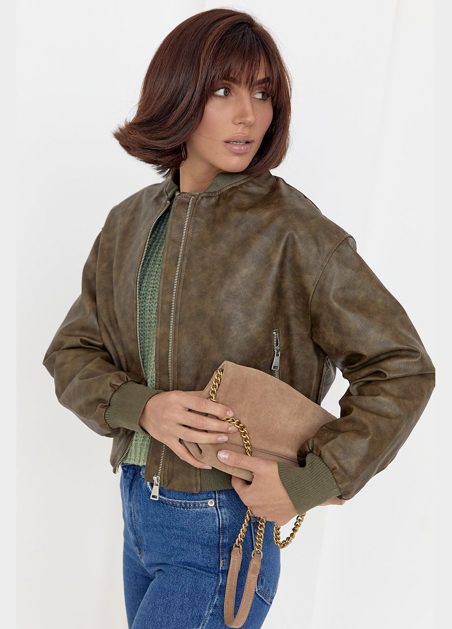 Оливковая (хаки) демисезонная женская куртка-бомбер в винтажном стиле 00006 Lurex