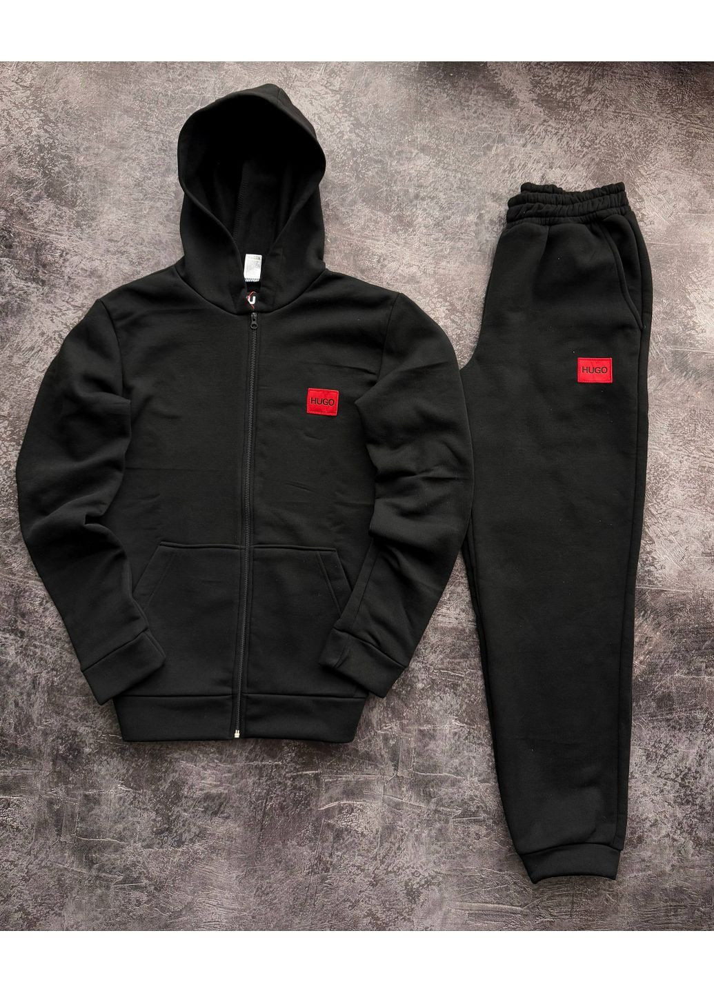Чорний зимній костюм чоловічий теплий на флісі . зіп худі і штани hugo No Brand