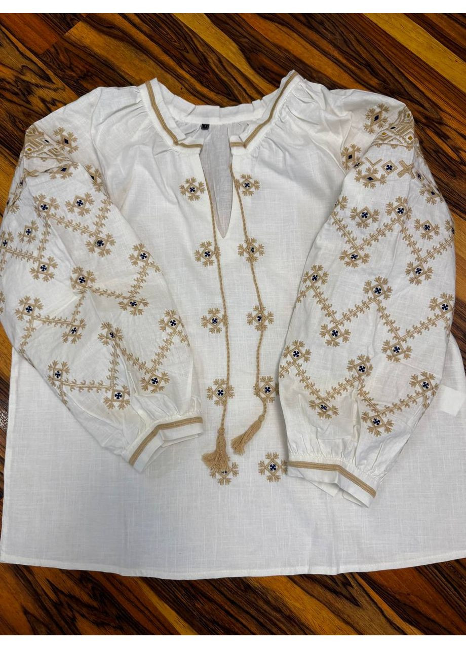 Біла жіноча вишиванка з коричневим орнаментом бавовна (360481458)