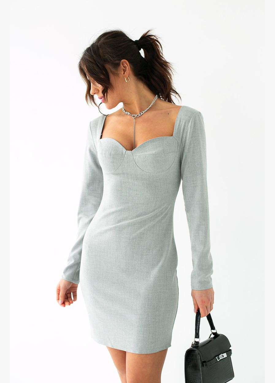 Серое деловое короткое платье по фигуре с оригинальным лифом 3088 Lurex однотонное
